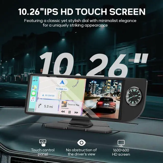 Alt view image 6 of 6 - Wireless Carplay Screen for Car - 10.26 Inch Apple Carplay & Android Auto Stereo Portable Carplay Touchscreen with Built-in Clock, 1080P Backup Camera (Single Rear Camera, Black)