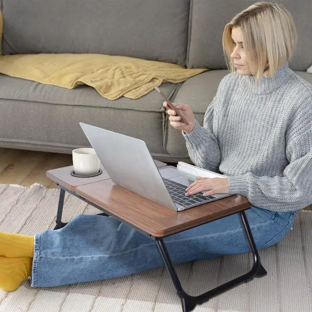 Alt view image 2 of 6 - Adjustable Lap Desk for Bed - Portable Laptop Tray Table with Foldable Legs, Phone Slot & Cup Holder - Lightweight & Sturdy Breakfast, Work, Study Table for Sofa, Couch, Floor