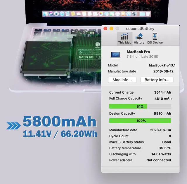 Alt view image 2 of 6 - Battery A1713 A2171 for MacBook Pro 13 Inch A1708 A2159 A2289 A2338 | 4800mAh A2171 A1713 Replacement Battery with Smart Temp Control, High Capacity, Long Runtime, Low Heat