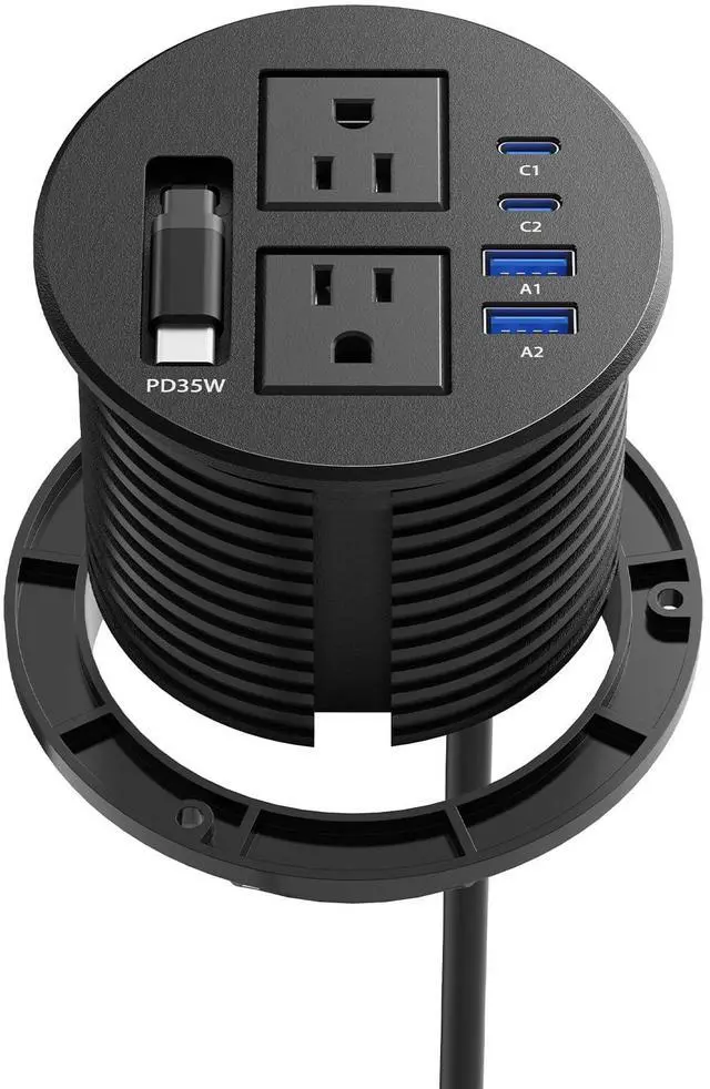 Main image of 3 1/4" Desk Power Grommet, Built-in Retractable USB-C PD 35W, 2 AC Outlets | Flush Mount Recessed Outlet for Home, Office, Conference Room, RV Table