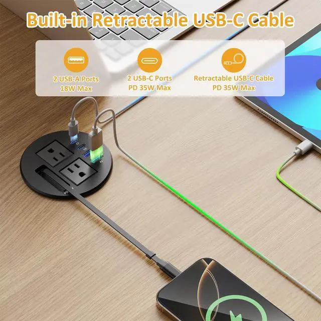 Alt view image 2 of 6 - 3 1/4" Desk Power Grommet, Built-in Retractable USB-C PD 35W, 2 AC Outlets | Flush Mount Recessed Outlet for Home, Office, Conference Room, RV Table
