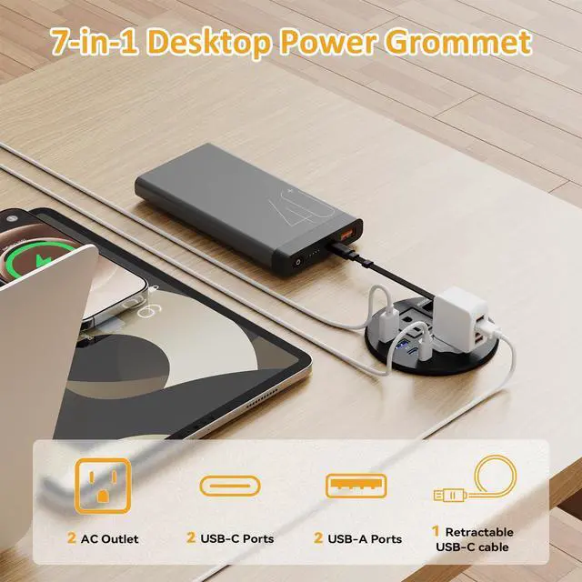 Alt view image 4 of 6 - 3 1/4" Desk Power Grommet, Built-in Retractable USB-C PD 35W, 2 AC Outlets | Flush Mount Recessed Outlet for Home, Office, Conference Room, RV Table