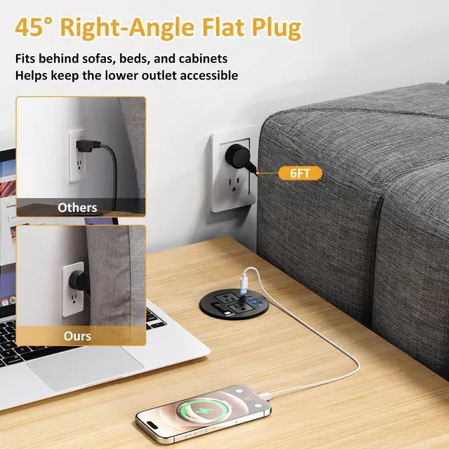 Alt view image 5 of 6 - 3 1/4" Desk Power Grommet, Built-in Retractable USB-C PD 35W, 2 AC Outlets | Flush Mount Recessed Outlet for Home, Office, Conference Room, RV Table