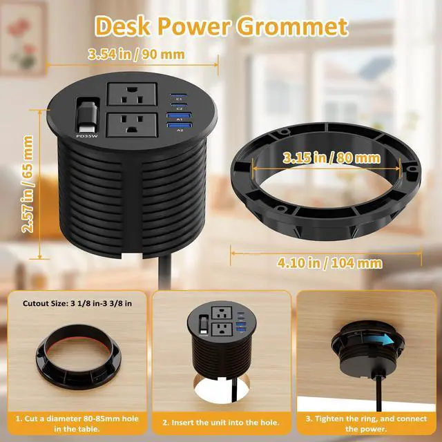Alt view image 6 of 6 - 3 1/4" Desk Power Grommet, Built-in Retractable USB-C PD 35W, 2 AC Outlets | Flush Mount Recessed Outlet for Home, Office, Conference Room, RV Table