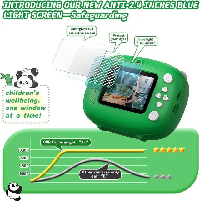Alt view image 2 of 6 - Panda Kids Camera Instant Print, Green | 1080P HD Video Instant Cameras Age 3-12, Porable Digital Toddler Camera Toys with 32G Card for Girls Boys Gifts Birthday