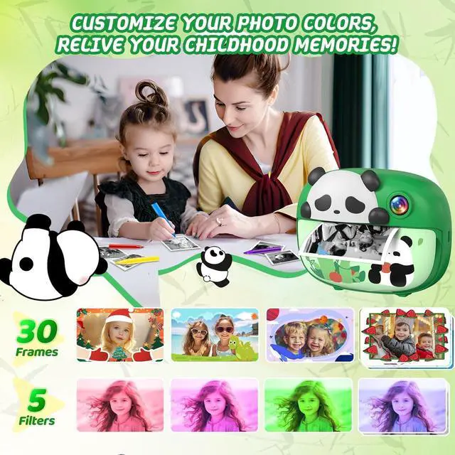 Alt view image 4 of 6 - Panda Kids Camera Instant Print, Green | 1080P HD Video Instant Cameras Age 3-12, Porable Digital Toddler Camera Toys with 32G Card for Girls Boys Gifts Birthday