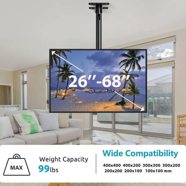 Alt view image 2 of 6 - TV Ceiling Mount for 26-68 inch Flat Screen Fits Most LCD LED OLED TVs Monitor Pole Mount up to 99lbs Max VESA 400x400mm Hanging TV Mount Adjustable Ceiling Television Bracket