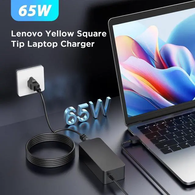 Alt view image 2 of 6 - 65W Laptop Charger for Lenovo ThinkPad & IdeaPad | 65W 20V 3.25A Power Adapter Fits Lenovo ThinkPad Yoga, Rectangle Yellow Tip, Power Cord Included
