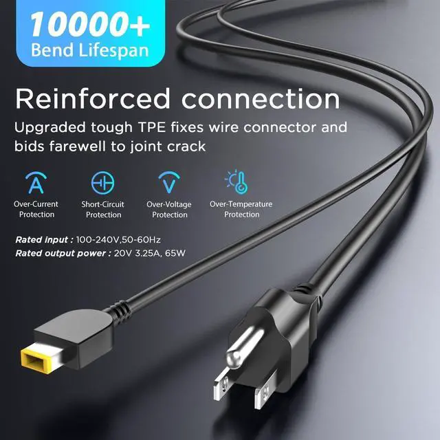 Alt view image 3 of 6 - 65W Laptop Charger for Lenovo ThinkPad & IdeaPad | 65W 20V 3.25A Power Adapter Fits Lenovo ThinkPad Yoga, Rectangle Yellow Tip, Power Cord Included