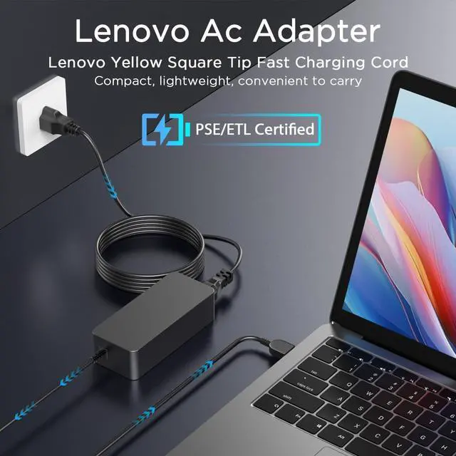 Alt view image 4 of 6 - 65W Laptop Charger for Lenovo ThinkPad & IdeaPad | 65W 20V 3.25A Power Adapter Fits Lenovo ThinkPad Yoga, Rectangle Yellow Tip, Power Cord Included