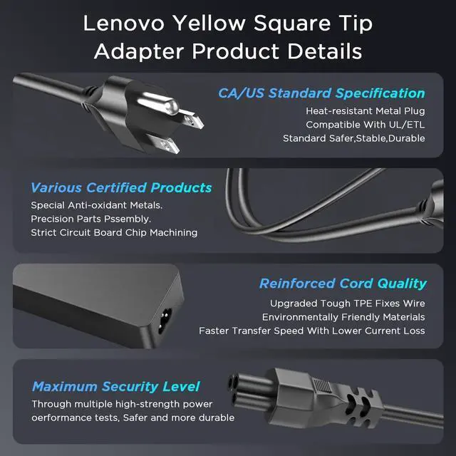 Alt view image 5 of 6 - 65W Laptop Charger for Lenovo ThinkPad & IdeaPad | 65W 20V 3.25A Power Adapter Fits Lenovo ThinkPad Yoga, Rectangle Yellow Tip, Power Cord Included