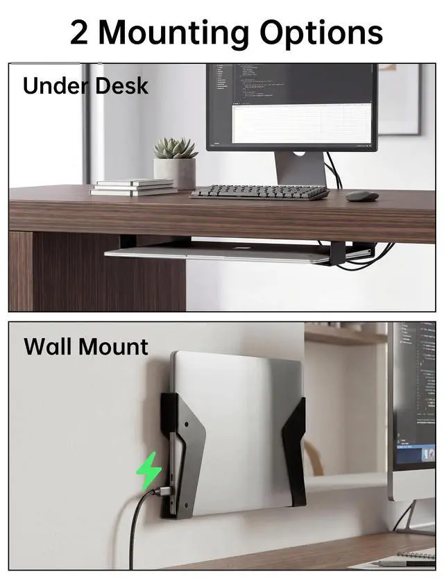 Alt view image 2 of 6 - Under Desk Laptop Mount & Wall Holder, Adjustable Metal Bracket 35mm | Wall Bracket for MacBook, Keyboard, Tablet. EVA Pad Protects, Side Open Charging. Space-Saving Storage for Home & Office