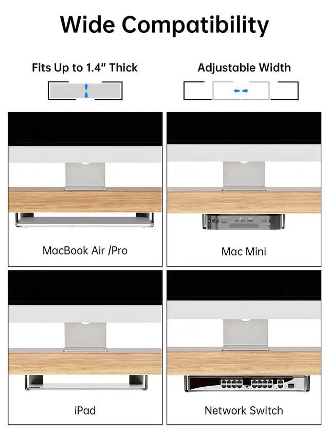 Alt view image 4 of 6 - Under Desk Laptop Mount & Wall Holder, Adjustable Metal Bracket 35mm | Wall Bracket for MacBook, Keyboard, Tablet. EVA Pad Protects, Side Open Charging. Space-Saving Storage for Home & Office
