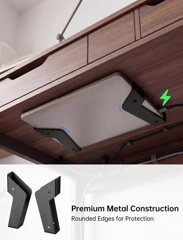 Alt view image 5 of 6 - Under Desk Laptop Mount & Wall Holder, Adjustable Metal Bracket 35mm | Wall Bracket for MacBook, Keyboard, Tablet. EVA Pad Protects, Side Open Charging. Space-Saving Storage for Home & Office