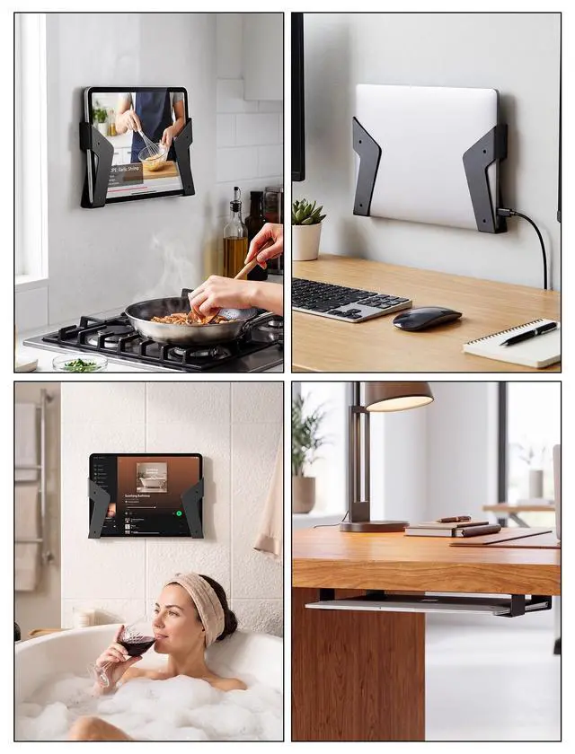 Alt view image 6 of 6 - Under Desk Laptop Mount & Wall Holder, Adjustable Metal Bracket 35mm | Wall Bracket for MacBook, Keyboard, Tablet. EVA Pad Protects, Side Open Charging. Space-Saving Storage for Home & Office