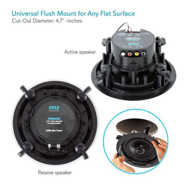 Alt view image 5 of 6 - Ceiling and Wall Mount Speaker - Wireless Bluetooth 5.25 Dual 2-Way Audio Stereo Sound Subwoofer Kit with, 240 Watts, in-Wall & in-Ceiling Flush Mount for Home Surround System - PWRC55BT