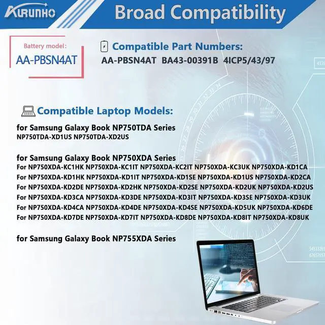 Alt view image 5 of 6 - AA-PBSN4AT 54Wh Laptop Battery Replacement for for Samsung Galaxy Book 15.6" NP750TDA NP750XDA NP755XDA NP750TDA-XD1US NP750TDA-XD2US Series 15.4V 4-Cell