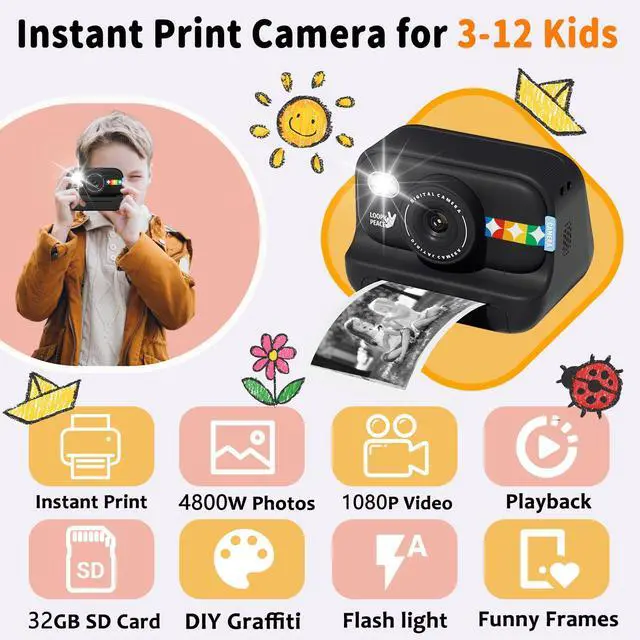 Alt view image 2 of 6 - Instant Print Camera for Kids with 5 Color Print Paper, 48MP Photo 1080P Video, 21 Fun Frames, 32GB Card, Birthday for Girls Boys Age 3 4 5 6 7 8 9 10 11 12 Years Old Black