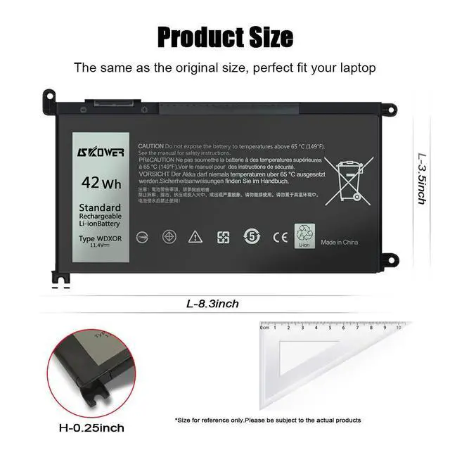 Alt view image 3 of 6 - 42Wh WDX0R WDXOR Replacement Laptop Battery 11.4V for Dell Inspiron 13 15 17 5000 7000 Series 7378 5567 5378 5579 5570 5565 7579 5379 7569 5578 Latitude 3000 Series 3189 3390 P69G P58F P66F P75F 3CRH3