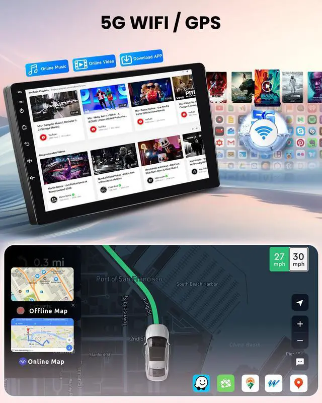 Alt view image 5 of 6 - 4G+64G Android Car Stereo for Mitsubishi Lancer 2008-2017, Wireless CarPlay Android Auto, 5GWiFi GPS, 10.1" IPS Touchscreen, Bluetooth SWC AHD Backup Camera FM RDS