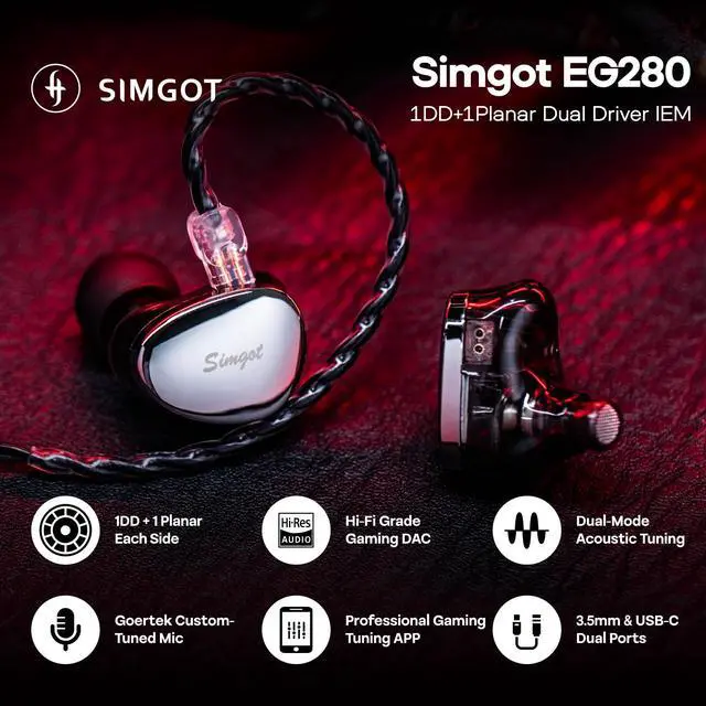 Alt view image 2 of 6 - SIMGOT EG280 1DD+1 Planar In Ear Monitor Wired HiFi IEM Earphones with Mic | USB-C Adapter & Mirror Alloy Panel, 2 Mode Tuning for Music & Gaming, 4 EQ Presets, 1.7m Cable for Gamers Audiophile Musici
