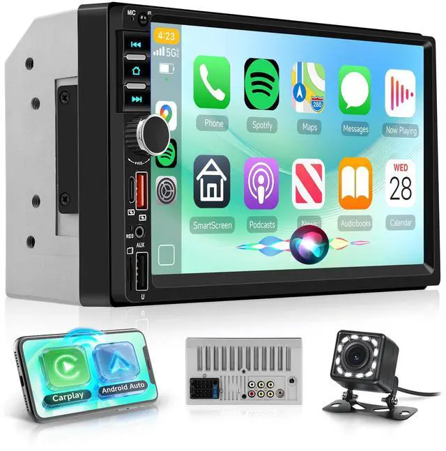 Main image of 7" Double Din Car Stereo Wireless CarPlay Android Auto, 1024x600 IPS Touchscreen Car Radio with Mirror Link, Bluetooth/FM/EQ/SWC/MIC, Backup Camera, USB/AUX/TF/Type-C Online Video Playback