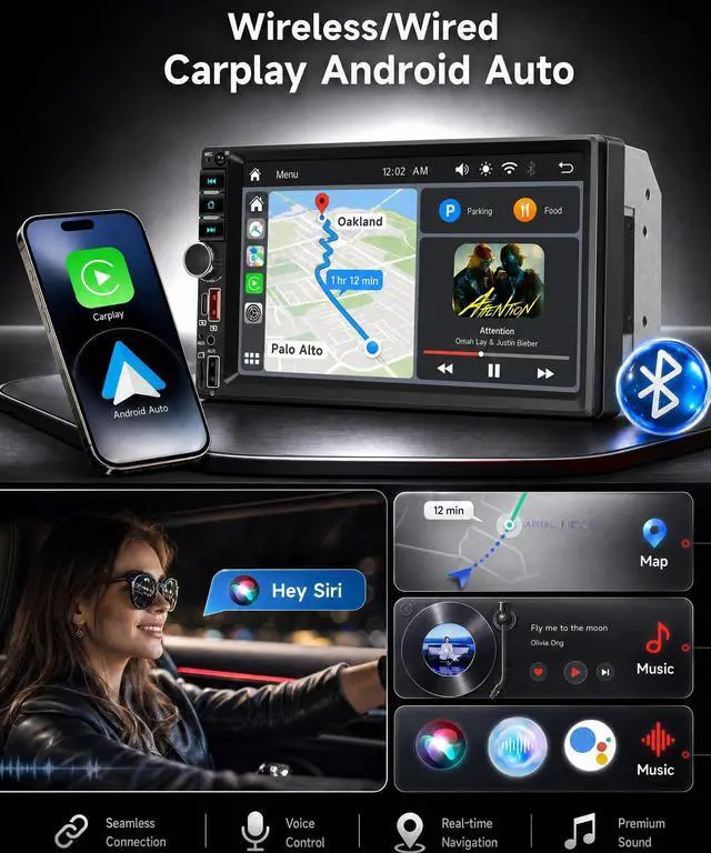 Alt view image 2 of 6 - 7" Double Din Car Stereo Wireless CarPlay Android Auto, 1024x600 IPS Touchscreen Car Radio with Mirror Link, Bluetooth/FM/EQ/SWC/MIC, Backup Camera, USB/AUX/TF/Type-C Online Video Playback