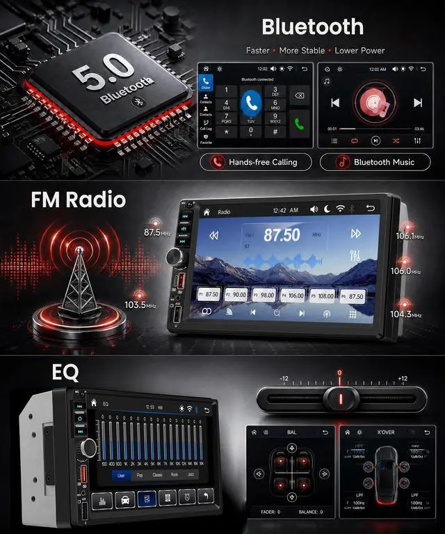 Alt view image 4 of 6 - 7" Double Din Car Stereo Wireless CarPlay Android Auto, 1024x600 IPS Touchscreen Car Radio with Mirror Link, Bluetooth/FM/EQ/SWC/MIC, Backup Camera, USB/AUX/TF/Type-C Online Video Playback