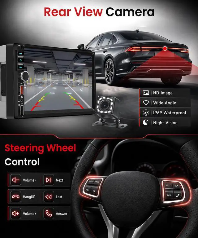 Alt view image 6 of 6 - 7" Double Din Car Stereo Wireless CarPlay Android Auto, 1024x600 IPS Touchscreen Car Radio with Mirror Link, Bluetooth/FM/EQ/SWC/MIC, Backup Camera, USB/AUX/TF/Type-C Online Video Playback