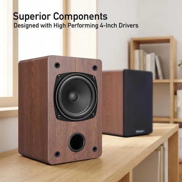 Alt view image 2 of 6 - Powered Bookshelf Speakers for Record Players, RCA Input, Brown | Vinyl Speaker with 4" Drivers, 30W RMS Built-in Class D Amp, Includes RCA and 3.5mm Audio Cables, Plug-and-Play, Wood Cabinet