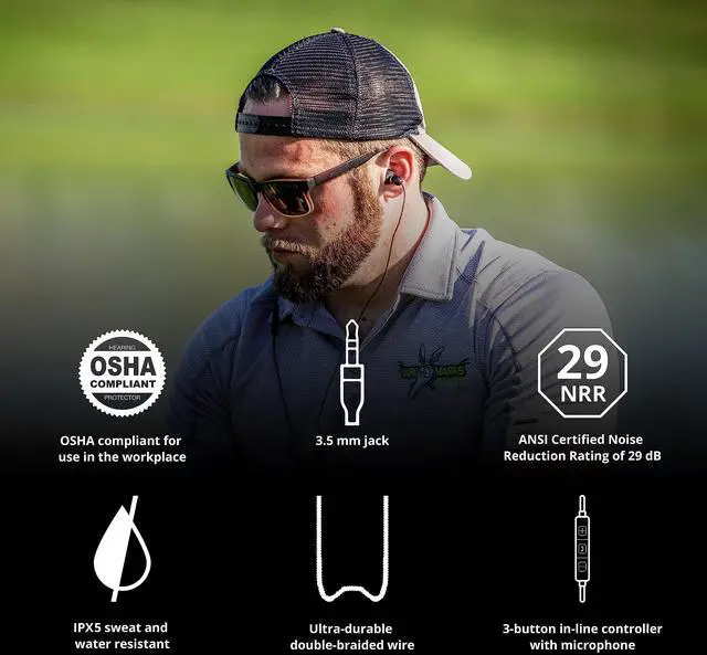 Alt view image 4 of 6 - Wired Hearing Protection Headphones, OSHA Compliant Work Earbuds | Noise-cancelling mic, IPX5 water resistance, braided wire, noise-isolating fit, recently improved durable design