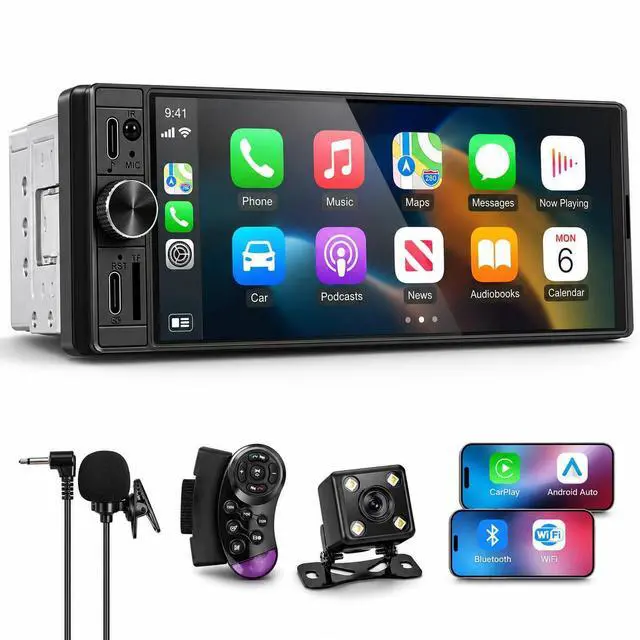 Main image of Single Din Radio - Car Stereo with Wireless Apple CarPlay and Android Auto, 6.5 InCell Touchscreen with HD Backup Camera, Mirror Link, Bluetooth 5.2 GPS FM USB & Type-C Fast Charging EQ SWC