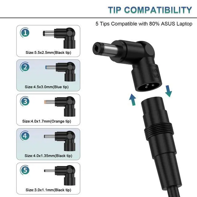 Alt view image 4 of 6 - 65W Laptop Replacement Charger 5 Round Tips Compatible with ASUS VivoBook, ZenBook, Chromebook, TransformerBook, EeeBook 19V 3.42A Universal AC Power Adapter