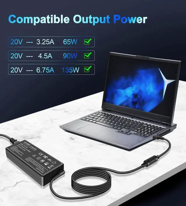 Alt view image 2 of 6 - 135W Charger Compatible with Lenovo ThinkPad Universal Thunderbolt 3 4 Dock Gen 1 2, Ultra/Pro Docking Station Power Cord, ideapad Gaming 3-15 L340/Yoga 9i Laptop Adapter ADL135NDC3A