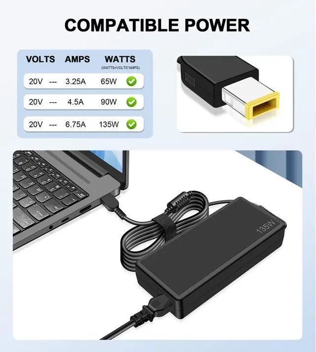 Alt view image 3 of 6 - 135W Charger Compatible with Lenovo ThinkPad Universal Thunderbolt 3 4 Dock Gen 1 2, Ultra/Pro Docking Station Power Cord, ideapad Gaming 3-15 L340/Yoga 9i Laptop Adapter ADL135NDC3A