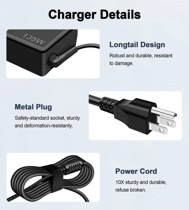 Alt view image 6 of 6 - 135W Charger Compatible with Lenovo ThinkPad Universal Thunderbolt 3 4 Dock Gen 1 2, Ultra/Pro Docking Station Power Cord, ideapad Gaming 3-15 L340/Yoga 9i Laptop Adapter ADL135NDC3A