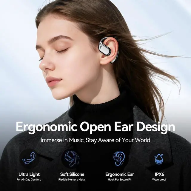 Alt view image 2 of 6 - M75 Open Ear Earbuds,Open Ear Headphones True Wireless (Black) | Bluetooth Wireless Headphones,80h Playtime,ergonomics Comfortable for Work,study, travel,Workout,Running,Cycling