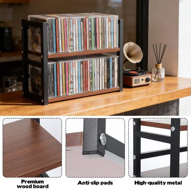 Alt view image 4 of 6 - CD Holder for Display Wooden Metal CD Storage Shelf Desk Rack Organizer Sturdy Game Disc Display CD Organizer for Countertop Storage Media Shelf Home Office Ideal for Music Enthusiasts (Black)