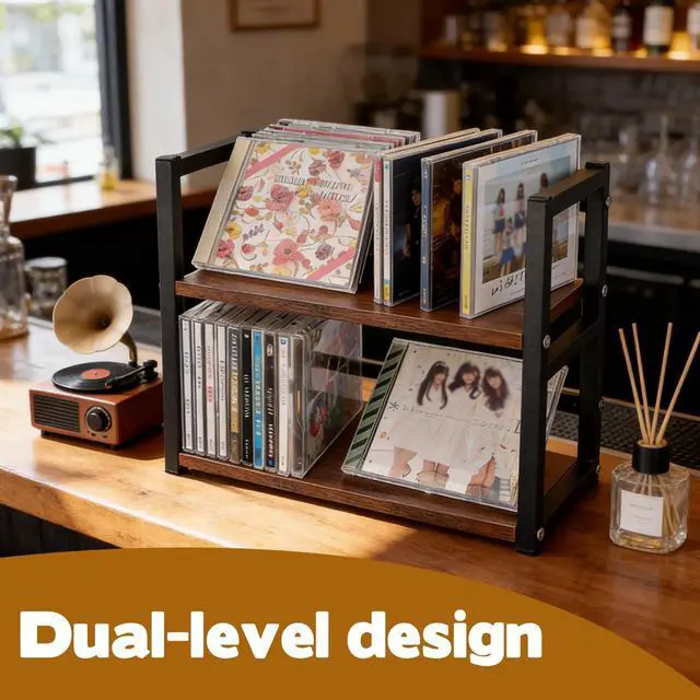 Alt view image 5 of 6 - CD Holder for Display Wooden Metal CD Storage Shelf Desk Rack Organizer Sturdy Game Disc Display CD Organizer for Countertop Storage Media Shelf Home Office Ideal for Music Enthusiasts (Black)