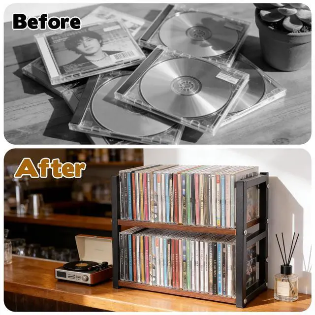 Alt view image 6 of 6 - CD Holder for Display Wooden Metal CD Storage Shelf Desk Rack Organizer Sturdy Game Disc Display CD Organizer for Countertop Storage Media Shelf Home Office Ideal for Music Enthusiasts (Black)