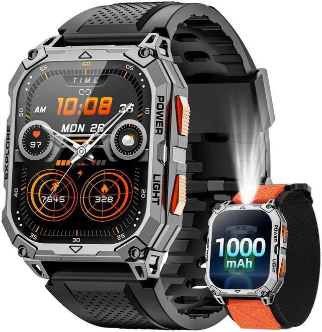 Main image of Military Smart Watches for Men, 2.01" HD Smartwatch with 1000 mAh Battery/2 Straps/Answer/Make Call/Led Flashlight/Heart Rate/Sleep Monitor, 100+ Sport Modes Fitness Tracker for Android/iPhone