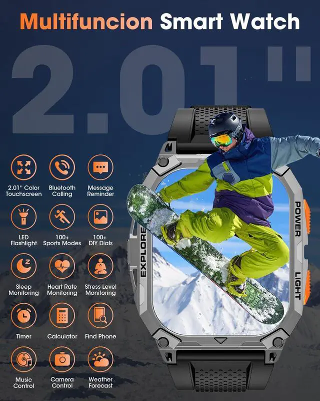Alt view image 2 of 6 - Military Smart Watches for Men, 2.01" HD Smartwatch with 1000 mAh Battery/2 Straps/Answer/Make Call/Led Flashlight/Heart Rate/Sleep Monitor, 100+ Sport Modes Fitness Tracker for Android/iPhone