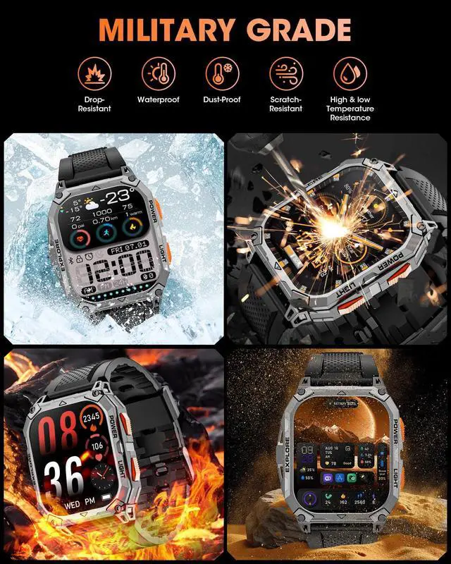 Alt view image 4 of 6 - Military Smart Watches for Men, 2.01" HD Smartwatch with 1000 mAh Battery/2 Straps/Answer/Make Call/Led Flashlight/Heart Rate/Sleep Monitor, 100+ Sport Modes Fitness Tracker for Android/iPhone