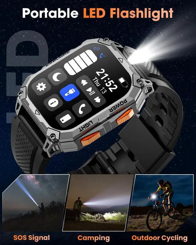 Alt view image 5 of 6 - Military Smart Watches for Men, 2.01" HD Smartwatch with 1000 mAh Battery/2 Straps/Answer/Make Call/Led Flashlight/Heart Rate/Sleep Monitor, 100+ Sport Modes Fitness Tracker for Android/iPhone