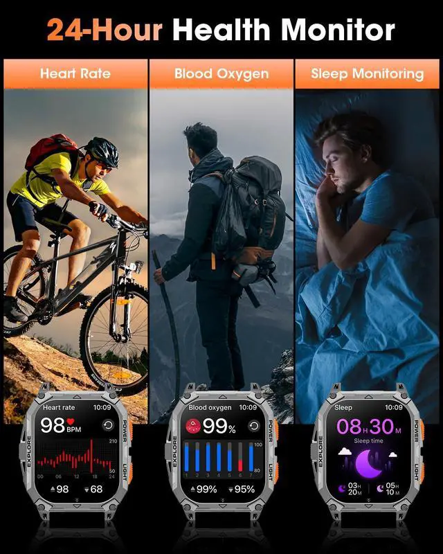 Alt view image 6 of 6 - Military Smart Watches for Men, 2.01" HD Smartwatch with 1000 mAh Battery/2 Straps/Answer/Make Call/Led Flashlight/Heart Rate/Sleep Monitor, 100+ Sport Modes Fitness Tracker for Android/iPhone