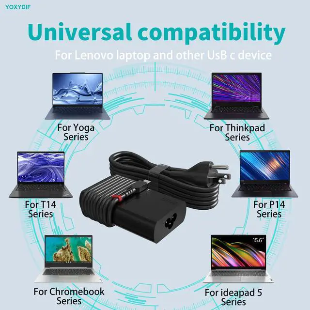 Alt view image 3 of 6 - New Slim 65W USB C Laptop Charger Fits for Lenovo Thinkpad Laptop Charger | Compatible with Lenovo Yoga 7i 9i 730 730s s730 Computer AC Power Cord Adapter Type C Thinkpad X1 T14 T14s T15 T16 T480