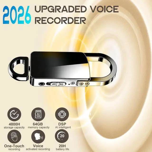 Alt view image 2 of 6 - 64GB Digital Voice Recorder,512Kbps Voice Activated | With AI Noise Reduction, 4800 Hours Recording Device,DSP Keychain Portable Audio Recorder for Lectures Meeting Interviews