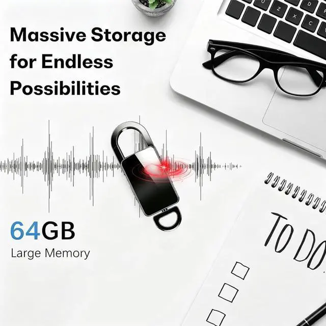 Alt view image 4 of 6 - 64GB Digital Voice Recorder,512Kbps Voice Activated | With AI Noise Reduction, 4800 Hours Recording Device,DSP Keychain Portable Audio Recorder for Lectures Meeting Interviews