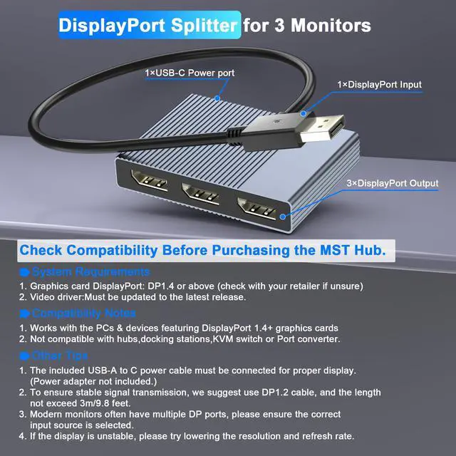Alt view image 2 of 6 - DisplayPort Splitter for 3 Monitors Extended Display, 4K@60Hz DisplayPort MST Hub 1 IN 3 OUT, Display Port to Display Port Adapter, DP to DP Multi Monitor Splitter for PC/NVIDIA/AMD Graphic Card