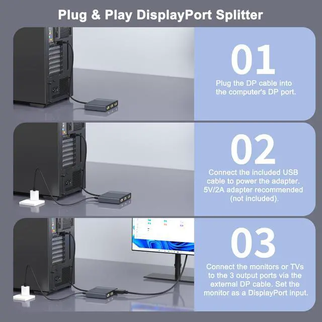 Alt view image 6 of 6 - DisplayPort Splitter for 3 Monitors Extended Display, 4K@60Hz DisplayPort MST Hub 1 IN 3 OUT, Display Port to Display Port Adapter, DP to DP Multi Monitor Splitter for PC/NVIDIA/AMD Graphic Card